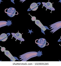 Seamless Space Background. Abstract Color Pattern with Aliens, Spaceships, Planets and Stars for Dress, Curtain, Tablecloth. Vintage Space Kids Pattern with Cute Monsters. Vector Texture.