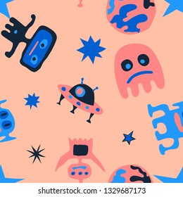 Seamless Space Background. Abstract Color Background with Aliens, Spaceships, Planets and Stars for Wallpaper, Print, Textile. Modern Space Kids Pattern with Cute Monsters. Vector Texture.