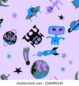 Seamless Space Background. Abstract Color Pattern with Aliens, Spaceships, Planets and Stars for Calico, Print, Textile. Vintage Space Kids Pattern with Cute Monsters. Vector Texture.