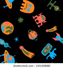 Seamless Space Background. Abstract Color Background with Aliens, Spaceships, Planets and Stars for Dress, Paper, Tablecloth. Vintage Space Kids Pattern with Cute Monsters. Vector Texture.