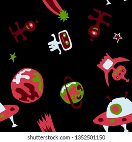 Seamless Space Background. Abstract Color Background with Aliens, Spaceships, Planets and Stars for Print, Fabric, Textile. Retro Space Kids Pattern with Cute Monsters. Vector Texture.