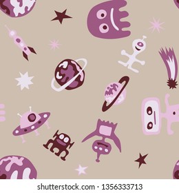 Seamless Space Background. Abstract Color Pattern with Aliens, Spaceships, Planets and Stars for Chintz, Linen, Paper. Trendy Space Kids Pattern with Cute Monsters. Vector Texture.