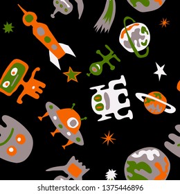 Seamless Space Background. Abstract Color Pattern with Aliens, Spaceships, Planets and Stars for Wallpaper, Cotton, Textile. Retro Space Kids Pattern with Cute Monsters. Vector Texture.