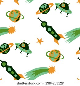 Seamless Space Background. Abstract Color Pattern with Aliens, Spaceships, Planets and Stars for Print, Cloth, Textile. Retro Space Kids Pattern with Cute Monsters. Vector Texture.