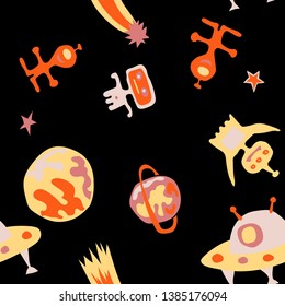 Seamless Space Background. Abstract Color Background with Aliens, Spaceships, Planets and Stars for Calico, Print, Textile. Vintage Space Kids Pattern with Cute Monsters. Vector Texture.