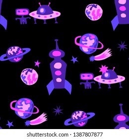 Seamless Space Background. Abstract Color Background with Aliens, Spaceships, Planets and Stars for Print, Fabric, Textile. Modern Space Kids Pattern with Cute Monsters. Vector Texture.