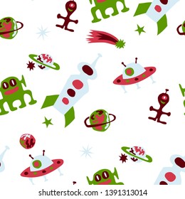 Seamless Space Background. Abstract Color Pattern with Aliens, Spaceships, Planets and Stars for Dress, Curtain, Paper. Retro Space Kids Pattern with Cute Monsters. Vector Texture.