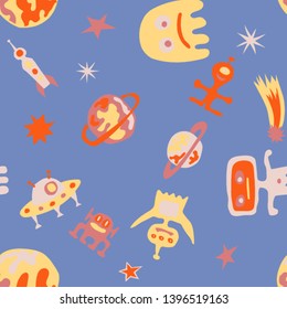 Seamless Space Background. Abstract Color Background with Aliens, Spaceships, Planets and Stars for Calico, Print, Textile. Retro Space Kids Pattern with Cute Monsters. Vector Texture.