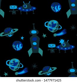 Seamless Space Background. Abstract Color Pattern with Aliens, Spaceships, Planets and Stars for Dress, Paper, Tablecloth. Retro Space Kids Pattern with Cute Monsters. Vector Texture.