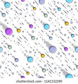Seamless space background with comets, meteorite rain, cosmos fantastic textile fabric for children, endless tiling pattern, vector illustration.