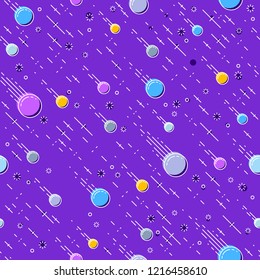 Seamless space background with comets, meteorite rain, cosmos fantastic textile fabric for children, endless tiling pattern, vector illustration.