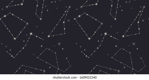 Seamless space background. Night starry sky with stars and  constellations. Black-and-white (monochrome) abstract pattern. Universe print. Unknown Outer space. Hand-drawn vector illustration. 