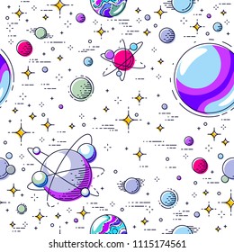 Seamless space background with planets, stars, asteroids and meteors, undiscovered deep cosmos fantastic and breathtaking textile fabric for children, endless tiling pattern, vector illustration.