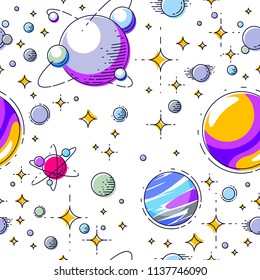 Seamless space background with planets, stars, asteroids and meteors, undiscovered deep cosmos fantastic and breathtaking textile fabric for children, endless tiling pattern, vector illustration.