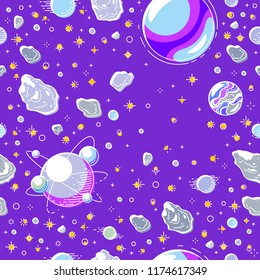 Seamless space background with planets, stars, asteroids and meteors, undiscovered deep cosmos fantastic and breathtaking textile fabric for children, endless tiling pattern, vector illustration.