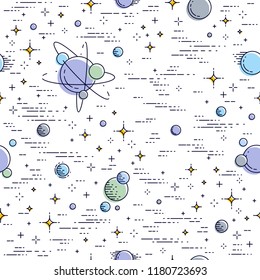 Seamless space background with planets, stars, asteroids and meteors, undiscovered deep cosmos fantastic and breathtaking textile fabric for children, endless tiling pattern, vector illustration.