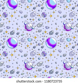 Seamless space background with planets, stars, asteroids and meteors, undiscovered deep cosmos fantastic and breathtaking textile fabric for children, endless tiling pattern, vector illustration.
