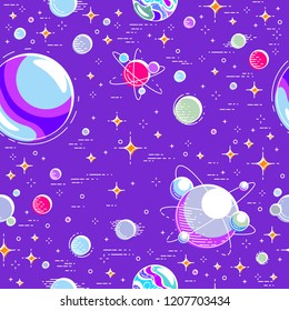 Seamless space background with planets, stars, asteroids and meteors, undiscovered deep cosmos fantastic and breathtaking textile fabric for children, endless tiling pattern, vector illustration.