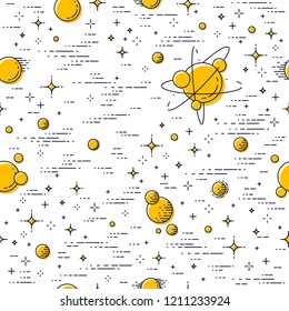 Seamless space background with planets, stars, asteroids and meteors, undiscovered deep cosmos fantastic and breathtaking textile fabric for children, endless tiling pattern, vector illustration.