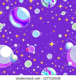 Seamless space background with planets, stars, asteroids and meteors, undiscovered deep cosmos fantastic and breathtaking textile fabric for children, endless tiling pattern, vector illustration.