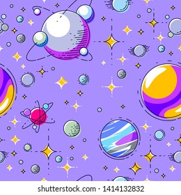 Seamless space background with planets, stars, asteroids and meteors, undiscovered deep cosmos fantastic and breathtaking textile fabric for children, endless tiling pattern, vector illustration.