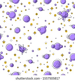 Seamless space background with planets, stars, asteroids and meteors, undiscovered deep cosmos fantastic and breathtaking textile fabric for children, endless tiling pattern, vector illustration.