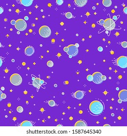Seamless space background with planets, stars, asteroids and meteors, undiscovered deep cosmos fantastic and breathtaking textile fabric for children, endless tiling pattern, vector illustration.