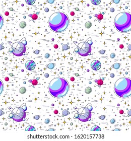Seamless space background with planets, stars, asteroids and meteors, undiscovered deep cosmos fantastic and breathtaking textile fabric for children, endless tiling pattern, vector illustration.