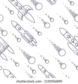 Seamless space background with rockets and comets, undiscovered deep cosmos fantastic and breathtaking textile fabric for children, endless tiling pattern, vector illustration cartoon motif.