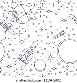 Nahtloser Raumhintergrund mit Raketen, Planeten und Sternen, unentdeckter tiefer Kosmos, fantastisches und atemberaubendes Textil für Kinder, endloses Fliesenmuster, Vektorgrafik-Cartoon-Motiv.