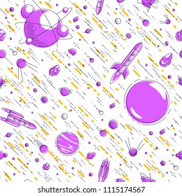 Seamless space background with rockets, planets and stars, undiscovered deep cosmos fantastic and breathtaking textile fabric for children, endless tiling pattern, vector illustration cartoon motif.