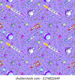 Seamless space background with rockets, planets and stars, undiscovered deep cosmos fantastic and breathtaking textile fabric for children, endless tiling pattern, vector illustration cartoon motif.