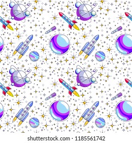 Seamless space background with rockets, planets and stars, undiscovered deep cosmos fantastic and breathtaking textile fabric for children, endless tiling pattern, vector illustration cartoon motif.