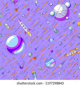 Seamless space background with rockets, planets and stars, undiscovered deep cosmos fantastic and breathtaking textile fabric for children, endless tiling pattern, vector illustration cartoon motif.