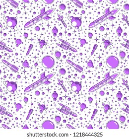 Seamless space background with rockets, planets and stars, undiscovered deep cosmos fantastic and breathtaking textile fabric for children, endless tiling pattern, vector illustration cartoon motif.