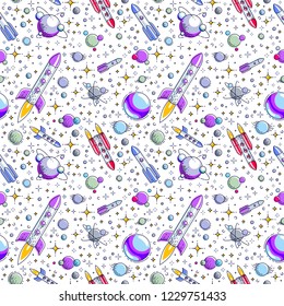 Seamless space background with rockets, planets and stars, undiscovered deep cosmos fantastic and breathtaking textile fabric for children, endless tiling pattern, vector illustration cartoon motif.