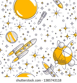 Seamless space background with rockets, planets and stars, undiscovered deep cosmos fantastic and breathtaking textile fabric for children, endless tiling pattern, vector illustration cartoon motif.