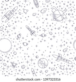Seamless space background with rockets, planets and stars, undiscovered deep cosmos fantastic and breathtaking textile fabric for children, endless tiling pattern, vector illustration cartoon motif.