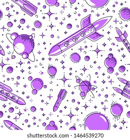 Seamless space background with rockets, planets and stars, undiscovered deep cosmos fantastic and breathtaking textile fabric for children, endless tiling pattern, vector illustration cartoon motif.
