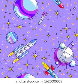 Seamless space background with rockets, planets and stars, undiscovered deep cosmos fantastic and breathtaking textile fabric for children, endless tiling pattern, vector illustration cartoon motif.