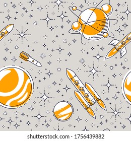 Nahtloser Raumhintergrund mit Raketen, Planeten und Sternen, unentdeckter tiefer Kosmos, fantastisches und atemberaubendes Textil für Kinder, endloses Fliesenmuster, Vektorgrafik-Cartoon-Motiv.