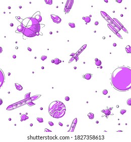 Seamless space background with rockets and planets, undiscovered deep cosmos fantastic and breathtaking textile fabric for children, endless tiling pattern, vector illustration cartoon motif.