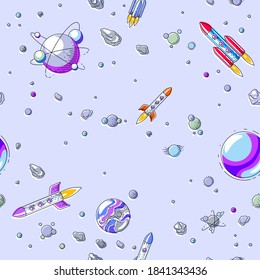 Seamless space background with rockets and planets, undiscovered deep cosmos fantastic and breathtaking textile fabric for children, endless tiling pattern, vector illustration cartoon motif.