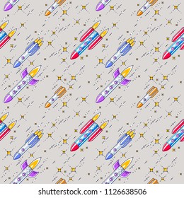 Seamless space background with rockets and stars, cosmos fantastic and breathtaking textile fabric for children, endless tiling pattern, vector illustration cartoon motif.