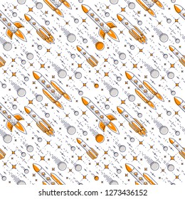 Seamless space background with rockets and stars, cosmos fantastic and breathtaking textile fabric for children, endless tiling pattern, vector illustration cartoon motif.