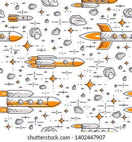 Seamless space background with rockets, stars and asteroids, cosmos fantastic and breathtaking textile fabric for children, endless tiling pattern, vector illustration cartoon motif.