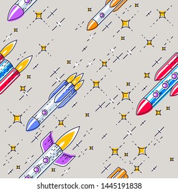 Seamless space background with rockets and stars, cosmos fantastic and breathtaking textile fabric for children, endless tiling pattern, vector illustration cartoon motif.