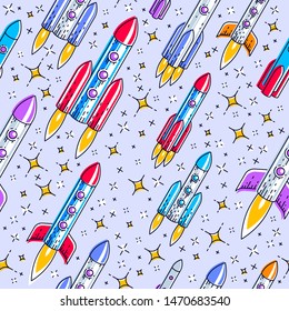 Seamless space background with rockets and stars, cosmos fantastic and breathtaking textile fabric for children, endless tiling pattern, vector illustration cartoon motif.