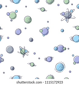 Seamless space background with unknown planets, undiscovered deep cosmos fantastic and breathtaking textile fabric for children, endless tiling pattern, vector illustration.