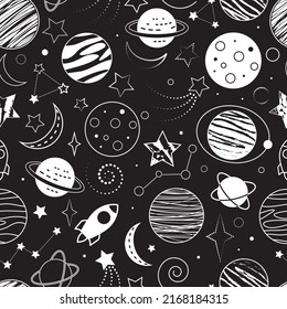 Seamless space background. White planets, stars, constellations and rockets on a black background. The vector illustration is isolated.